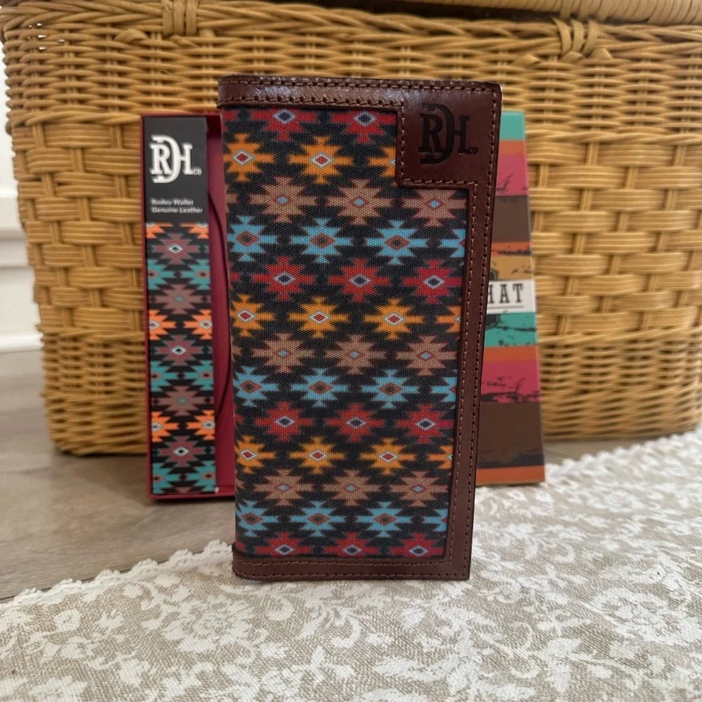 Red Dirt Hat Co Mens Rodeo Southwest Canvas Inlay Wallet Genuine Leather New